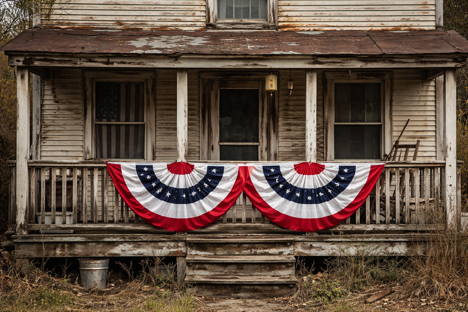 A residential front porch decorated with red, white, and blue bunting.